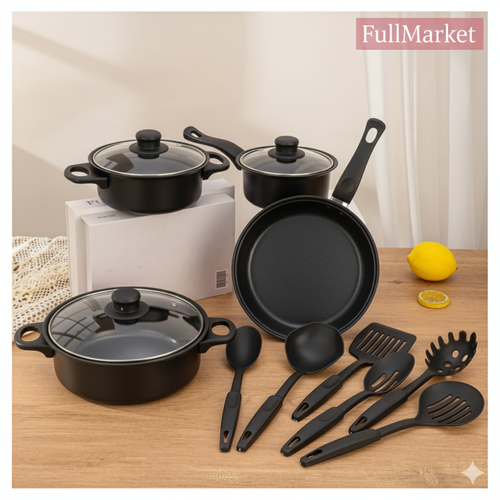 SET DE OLLAS Y JUEGO DE UTENCILIOS DE COCINA NEGRO 13PZ